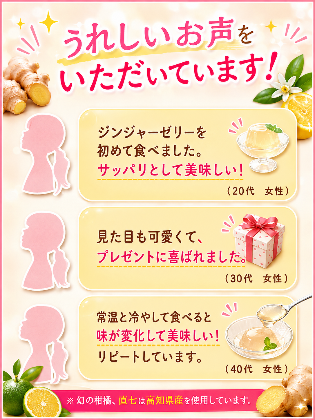 午後3時のモモンガ｜高知県産生姜の温活ジンジャーゼリー 75g×3個｜赤生姜・直七・瀬戸内レモン｜山生
